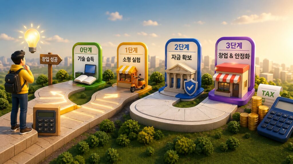 2026년 청년 창업 성공을 위한 4단계 로드맵(기술 습득, 소형 실험, 자금 확보, 창업 및 안정화)을 설명하는 3D 일러스트레이션