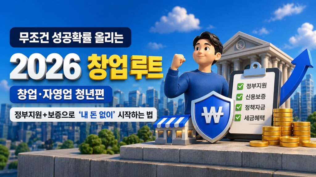 2026 창업·자영업 청년편 정부지원 세트 — 정부지원, 신용보증, 정책자금, 세금혜택 체크리스트와 함께 주먹을 쥔 청년 캐릭터