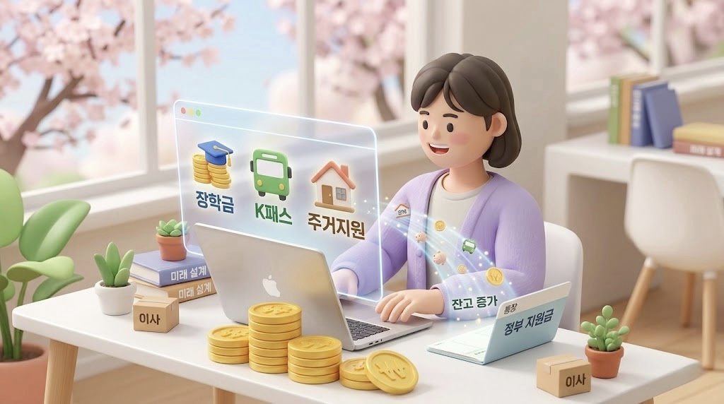 대학생이 노트북으로 장학금, K패스, 주거지원 정부지원 세트를 확인하며 통장 잔고가 늘어나는 일러스트