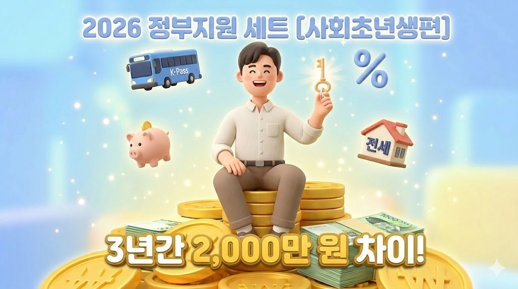 2026 사회초년생 정부지원 세트 — K패스, 전세, 저금통, 열쇠 아이콘과 함께 동전 위에 앉아있는 청년, 3년간 2000만원 차이 강조