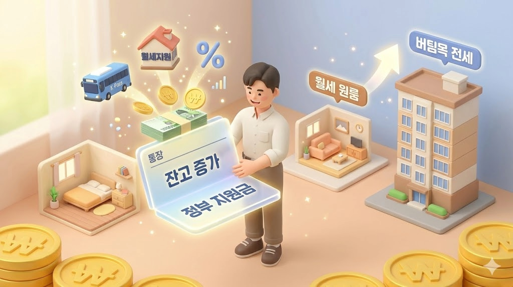 사회초년생이 정부지원 세트(월세지원, K패스, 소득세감면)를 활용해 월세 원룸에서 버팀목 전세로 이사하며 통장 잔고가 늘어나는 과정 일러스트