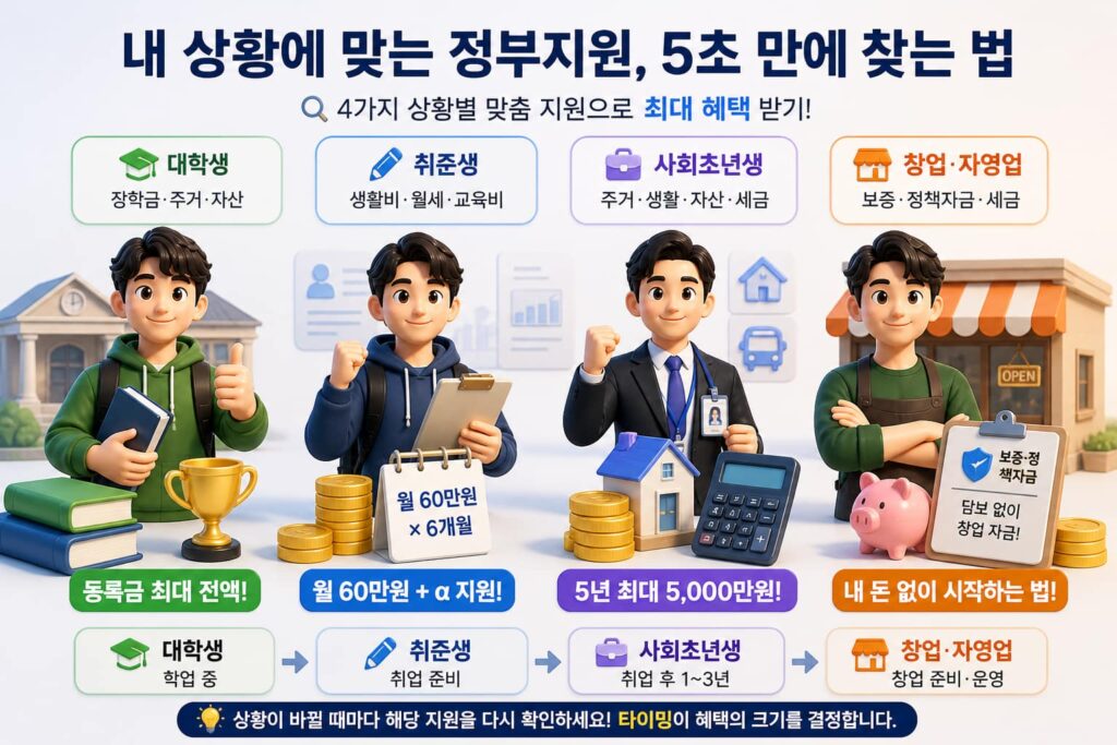 2026 청년 정부지원 총정리 4편 시리즈 구성 — 대학생·취준생·사회초년생·창업 자영업 단계별 흐름도