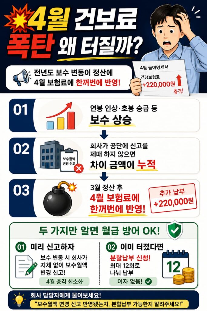4월 건보료 폭탄 대처법 2가지(보수월액 변경 신고·분할납부)와 직장인 세금 환급 5가지 인포그래픽
