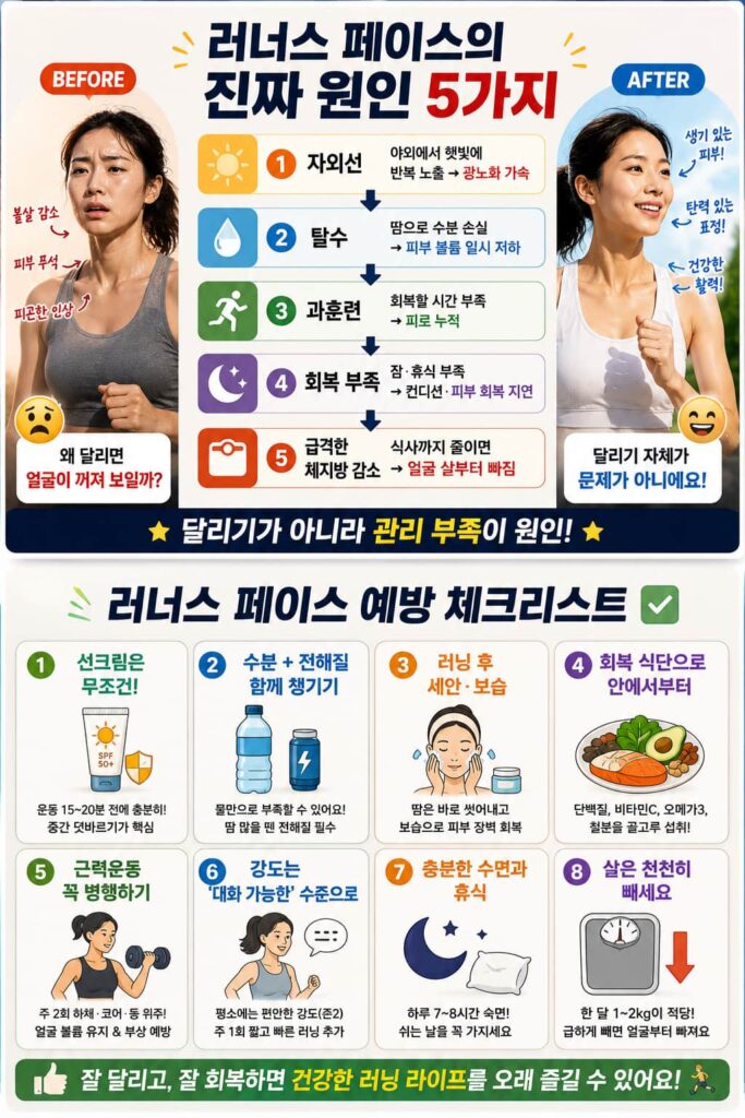 러너스 페이스 진짜 원인 5가지와 예방 체크리스트 8가지 인포그래픽 — 선크림·수분·근력운동·회복식단