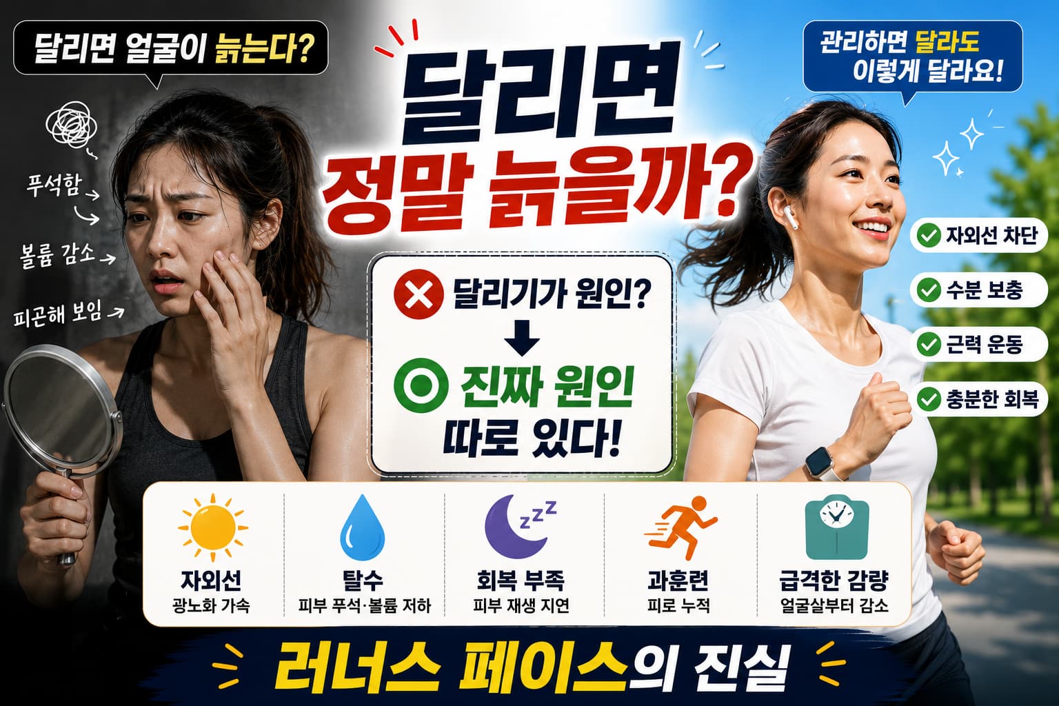 러너스 페이스 진짜 원인과 예방법 — 자외선·탈수·회복 부족·과훈련·급격한 감량 2026