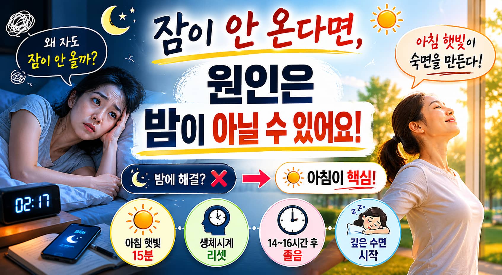 잠이 안 온다면 원인은 밤이 아닐 수 있어요 — 아침 햇빛 15분이 생체시계를 리셋하고 깊은 수면을 만드는 수면 과학 2026