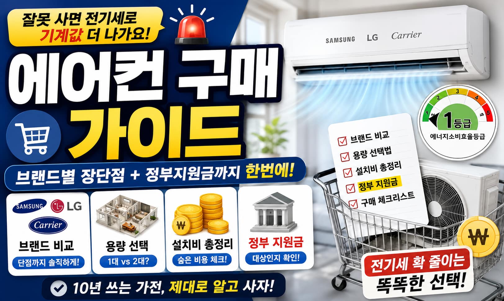 에어컨 구매 가이드 2026 — 삼성·LG·캐리어 브랜드 비교, 용량 선택법, 설치비 총정리, 정부 지원금 확인
