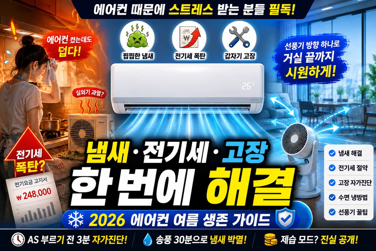 에어컨 냄새 제거·전기세 절약·고장 자가진단 한번에 해결 — 2026 에어컨 여름 생존 가이드