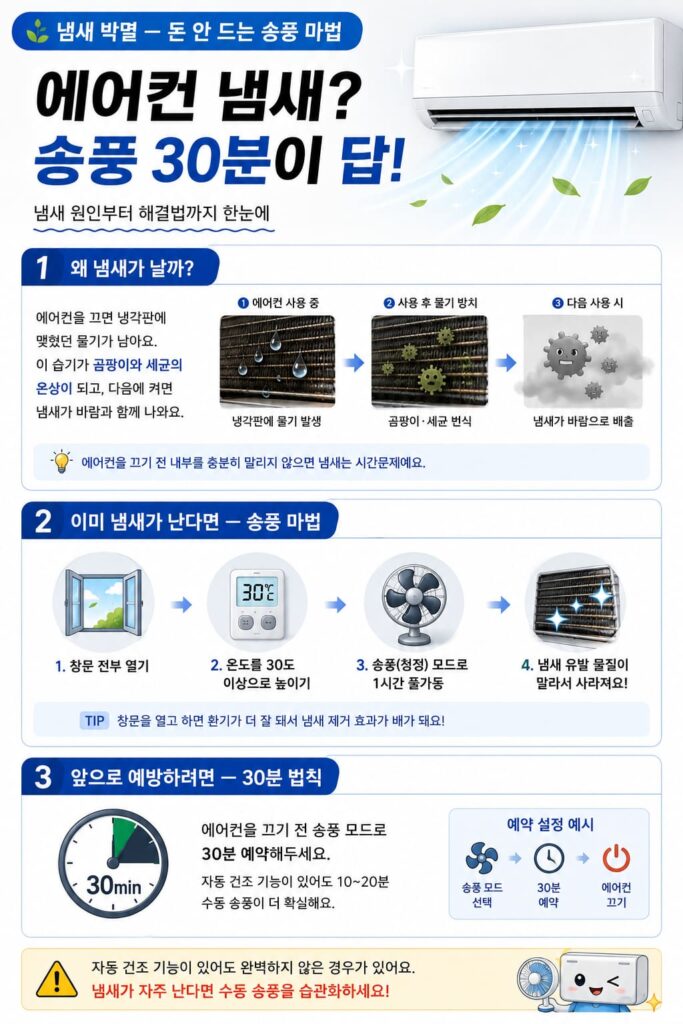 에어컨 냄새 제거 인포그래픽 — 냄새 원인(냉각판 물기·곰팡이), 송풍 마법 2단계, 30분 법칙 예방법