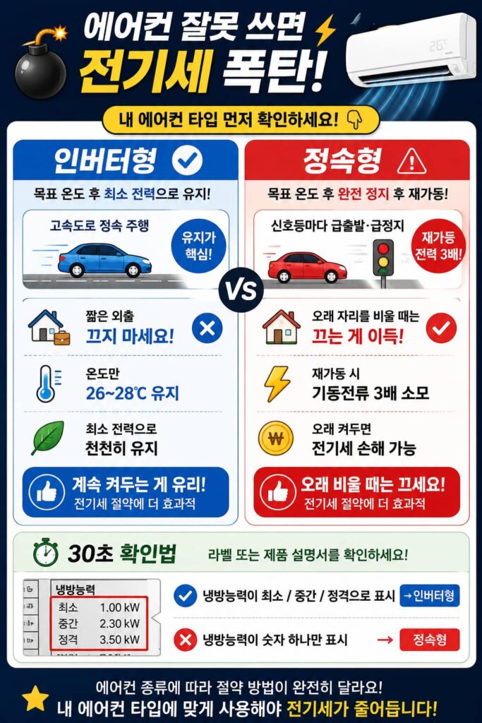 에어컨 전기세 절약 — 인버터형 vs 정속형 비교 인포그래픽. 30초 확인법, 짧은 외출 시 끄지 말고 온도만, 재가동 시 기동전류 3배