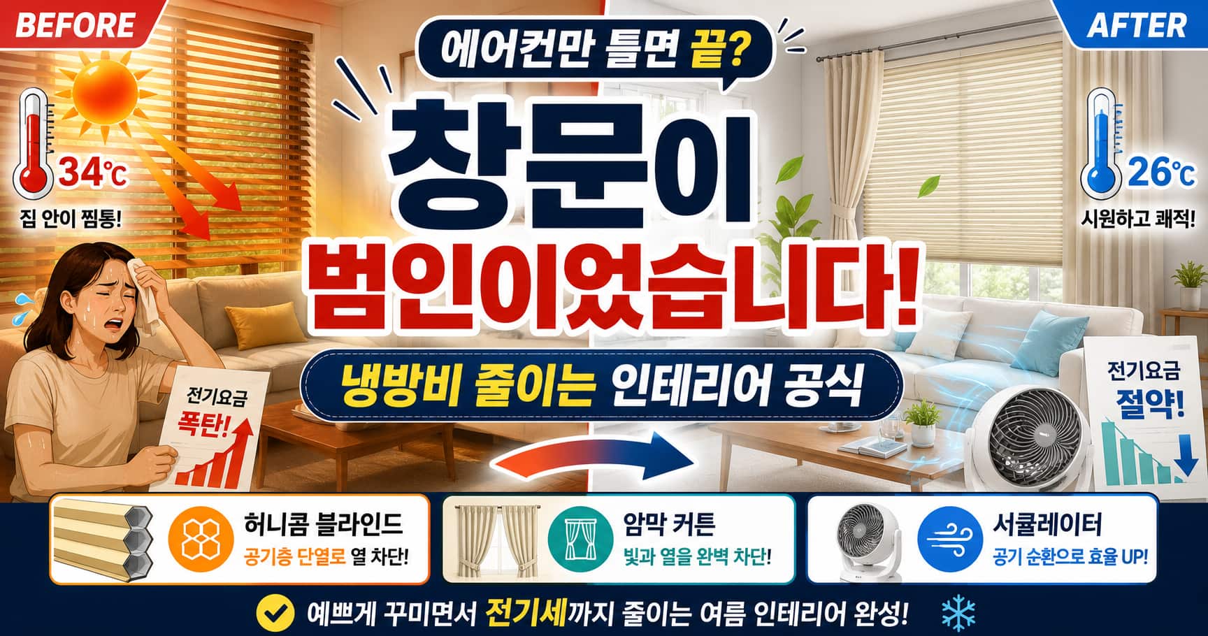 여름 냉방비 아끼는 인테리어 공식 — 허니콤 블라인드·암막 커튼·서큘레이터 2026
