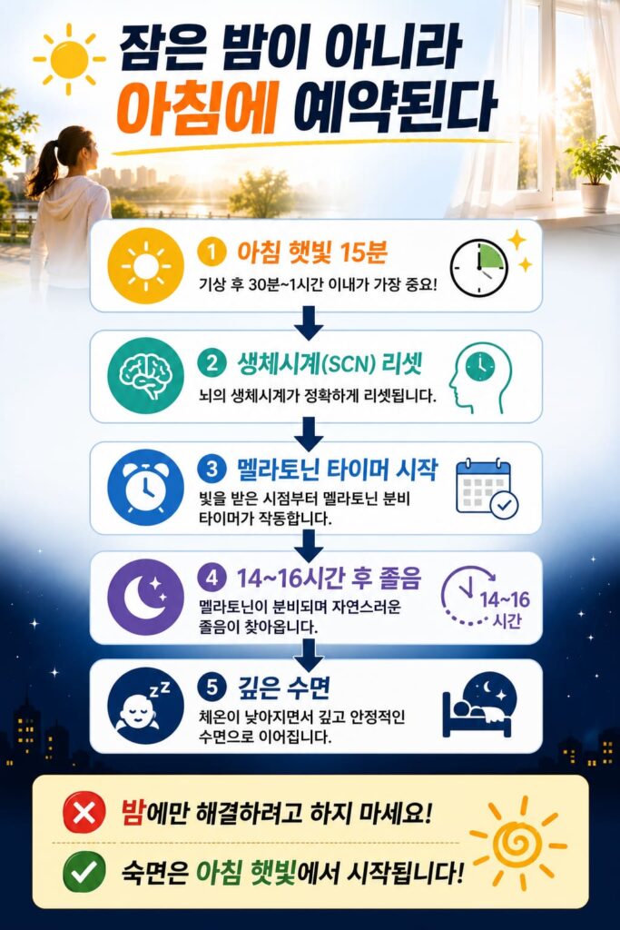 잠은 밤이 아니라 아침에 예약된다 — 아침 햇빛 15분부터 생체시계 리셋, 멜라토닌 타이머, 14~16시간 후 졸음, 깊은 수면까지 5단계 인포그래픽