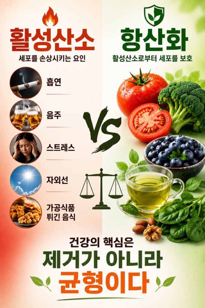 활성산소(흡연·음주·스트레스·자외선·가공식품) vs 항산화(토마토·브로콜리·블루베리·녹차·시금치·견과류) 균형 인포그래픽 — 건강의 핵심은 제거가 아니라 균형이다